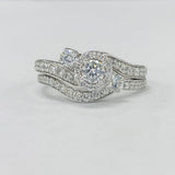 Free Form Halo Three Stone Diamond Wedding Set