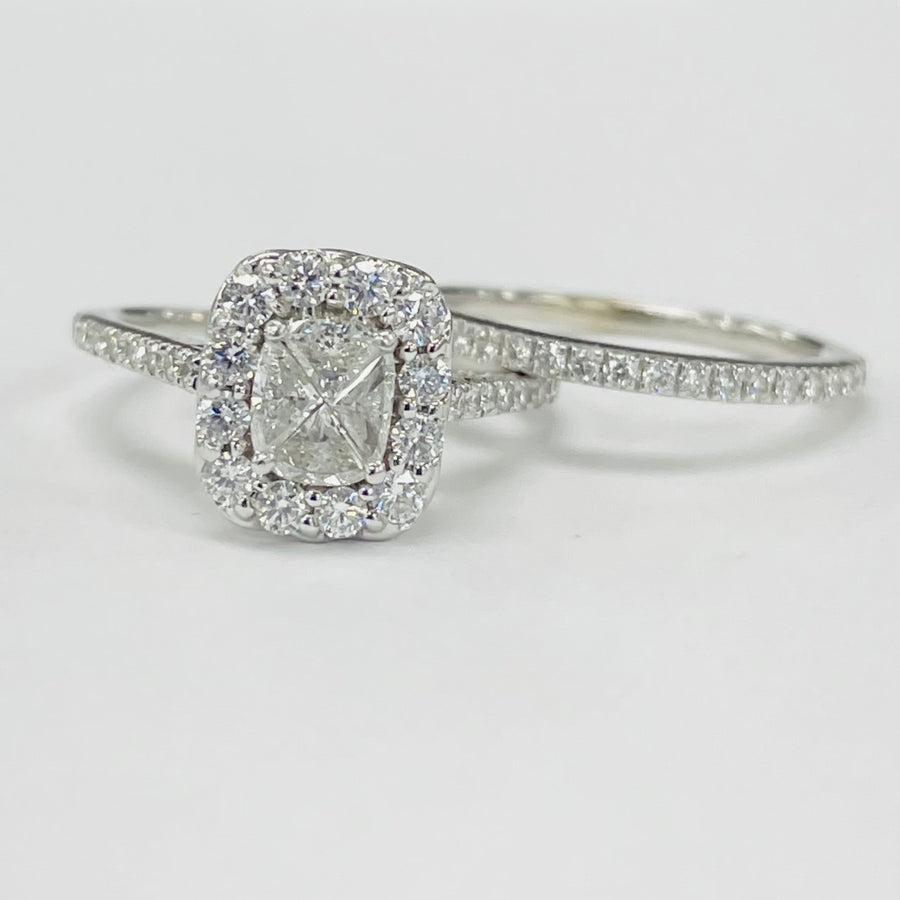 White Gold Composite Cushion Center Diamond Halo Wedding Set