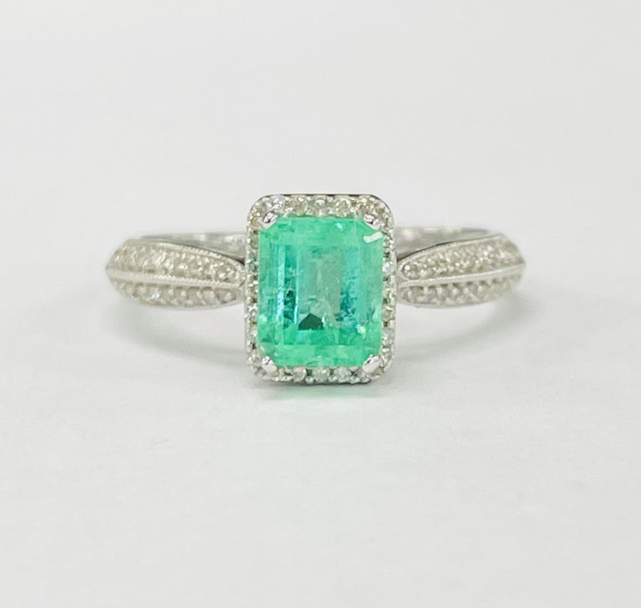 White Gold Emerald Halo Diamond Ring