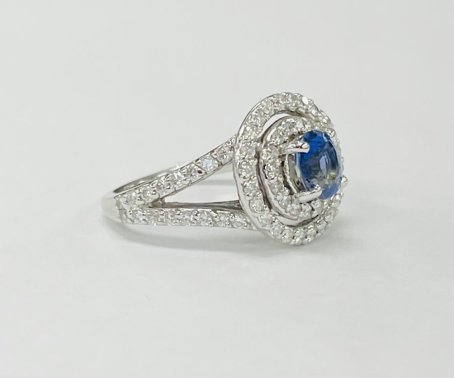 Sapphire And Diamond Double Halo Split Shank Ring