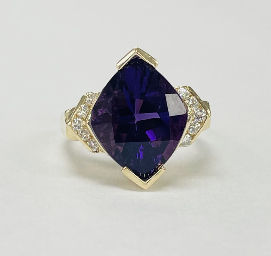 Rich Custom Cut Royal Amthyest Ring W/ Diamond Accents