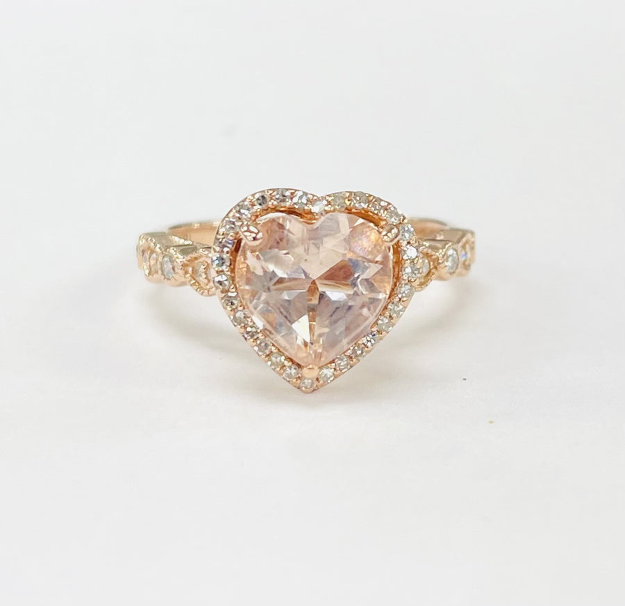 Fancy Rose Gold Morganite Heart Halo Ring