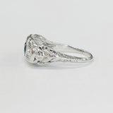 Vintage Detailed White Gold Three Stone Diamond An Lab Sapphire Ring