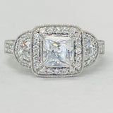 Romance - Vintage Inspired Three Stone Halo Pave Diamond Setting
