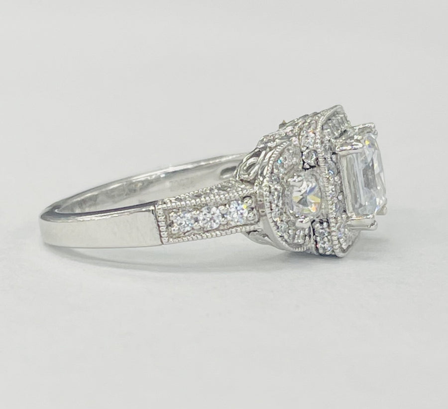 Romance - Vintage Inspired Three Stone Halo Pave Diamond Setting