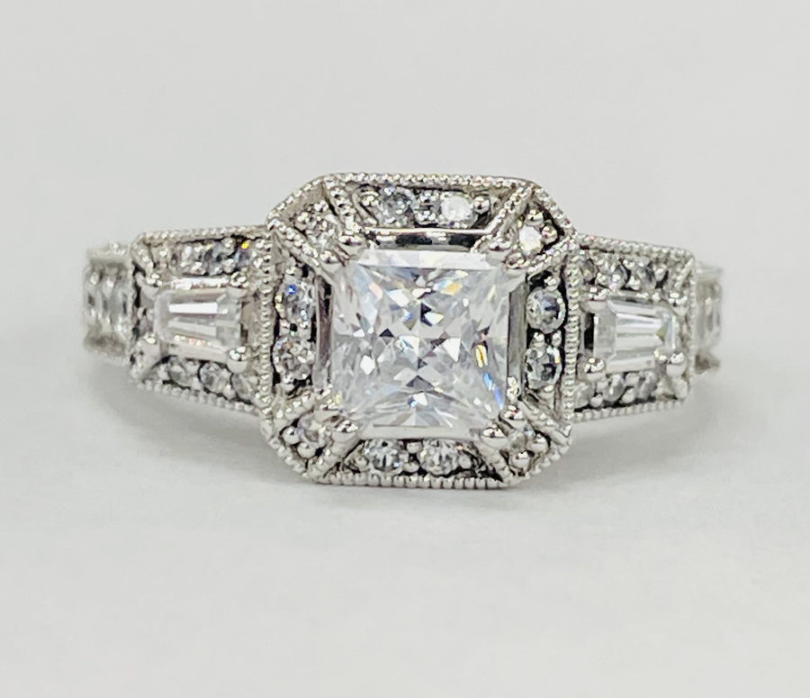 Romance - Detailed Three Stone Halo Vintage Inspired Setting