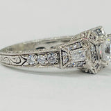 Romance - Detailed Three Stone Halo Vintage Inspired Setting