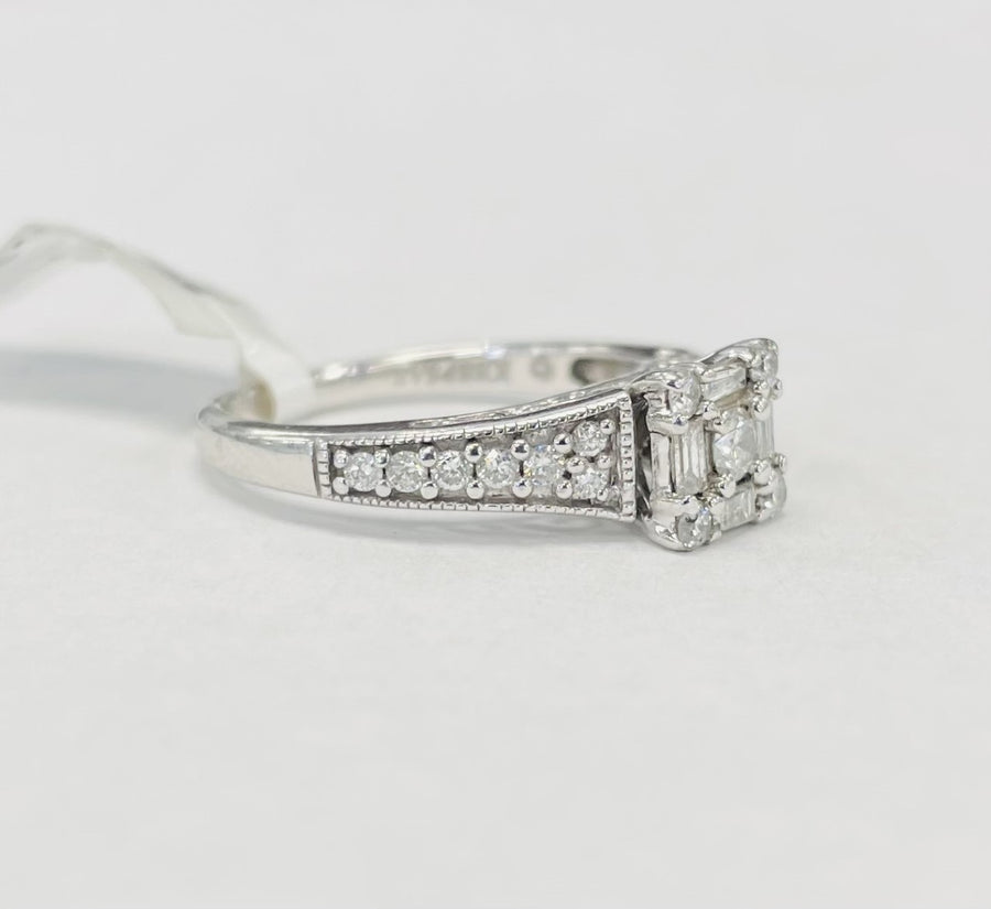 Round And Baghuette Composite Engagement Ring