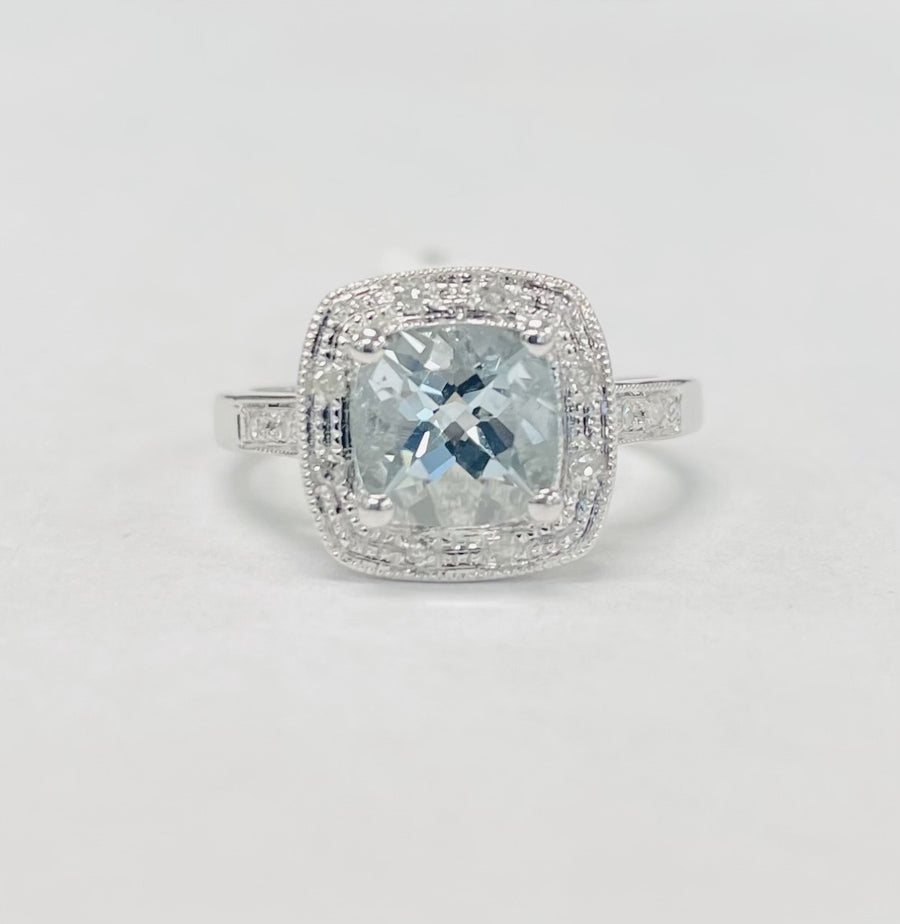 Estate Aquamarine Diamond Halo Ring