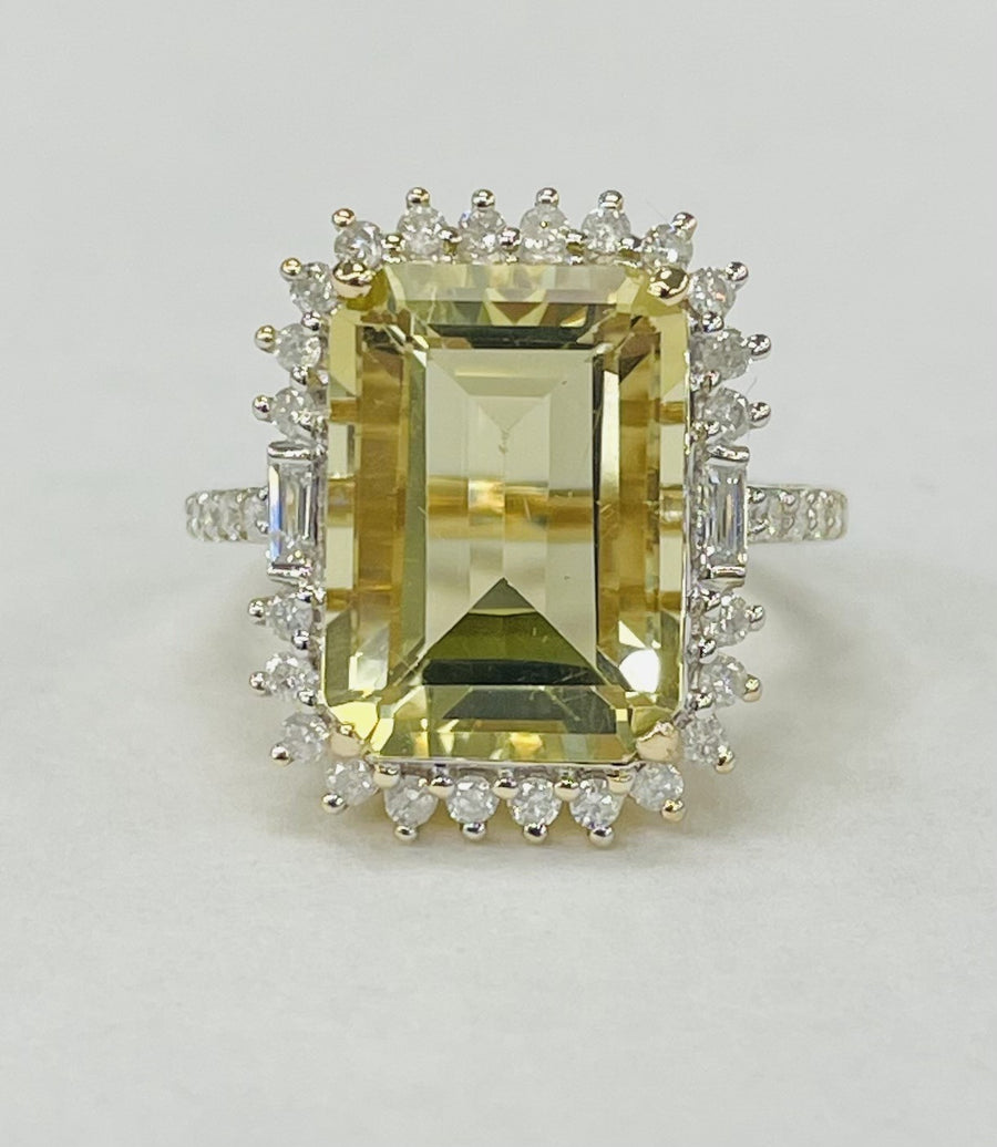 Yellow Gold Lemon Quartz Diamond Halo Ring
