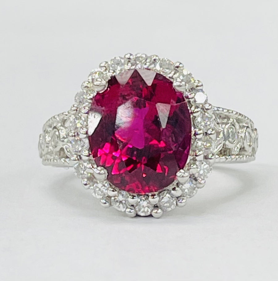 Platinum Rubellite And Diamond Halo Ring