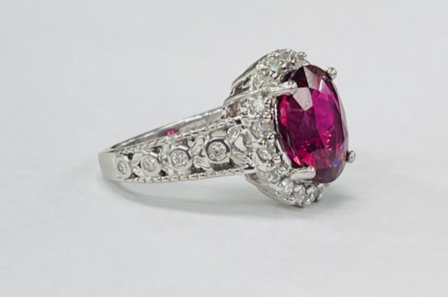 Platinum Rubellite And Diamond Halo Ring