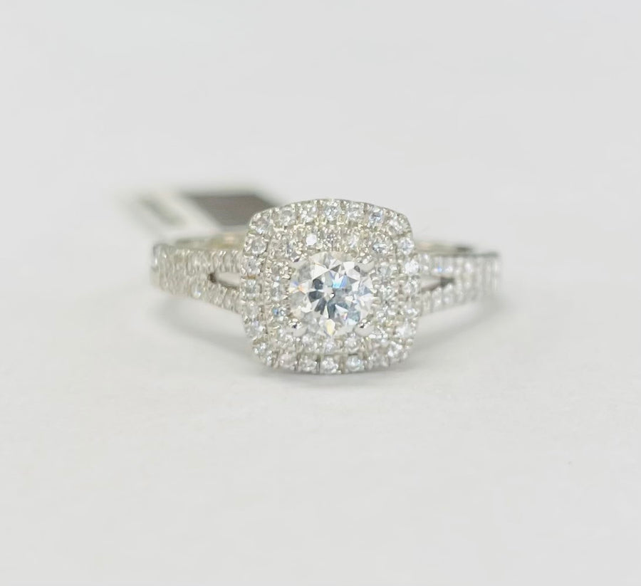 Double Halo Split Shank Diamond Engagement Ring