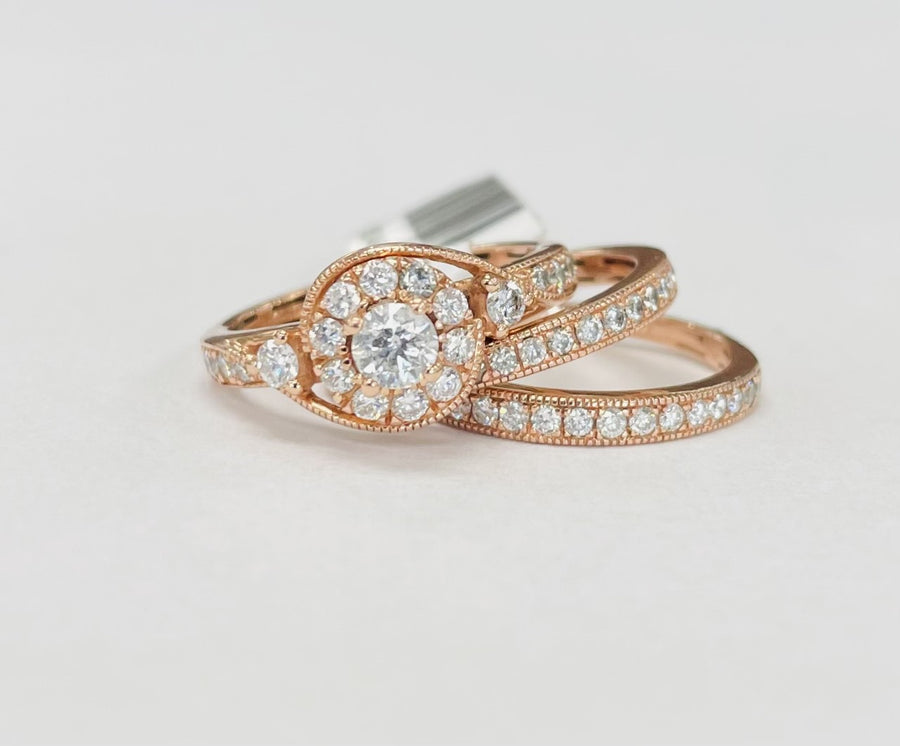 Rose Gold Twist Halo Diamond Wedding Set W/ Two Bands