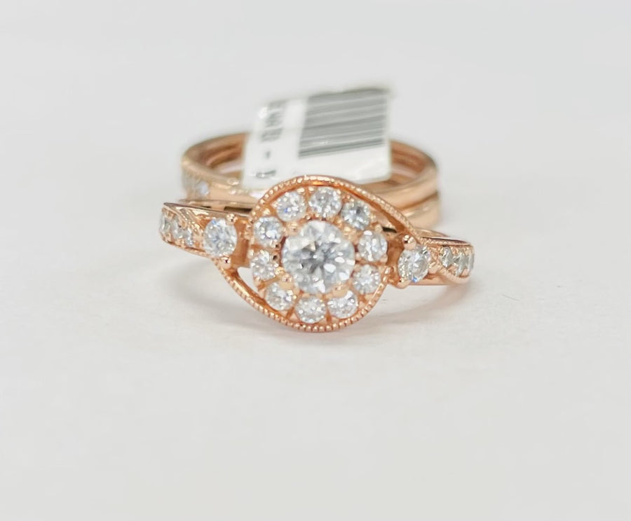 Rose Gold Twist Halo Diamond Wedding Set W/ Two Bands