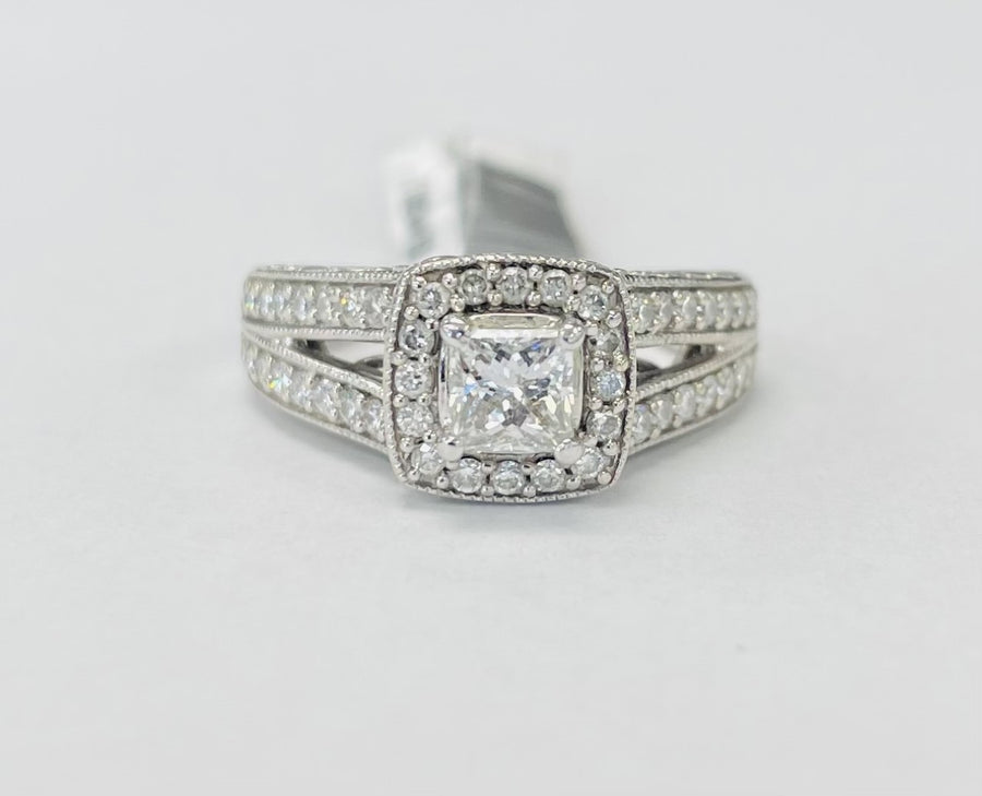 Princess Cut Halo Split Shank Accented 1CTW Diamond Engagement Ring