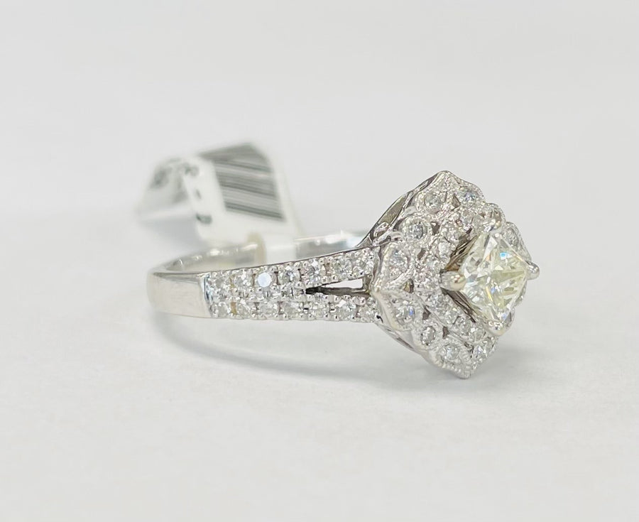 Princess Cut Double Halo Floral Style Diamond Engagement Ring