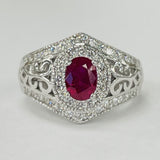 Vintage Inspired White Gold Oval Ruby Halo Diamond Ring