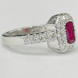 White Gold Emerald Cut Ruby Diamond Halo Estate Ring