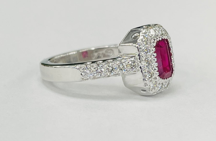 White Gold Emerald Cut Ruby Diamond Halo Estate Ring