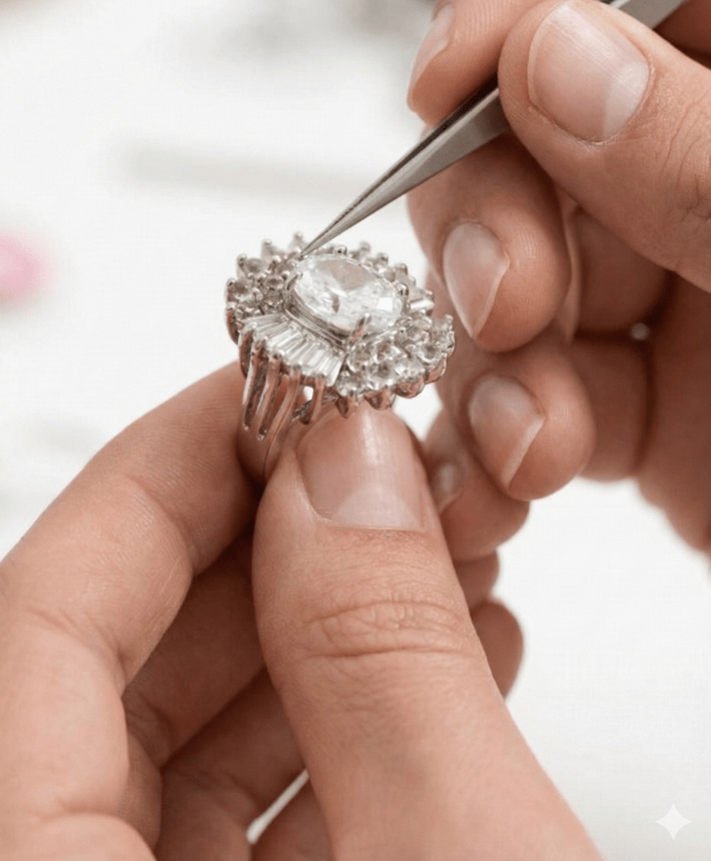 Close-up of a diamond ring being adjusted with tweezers.