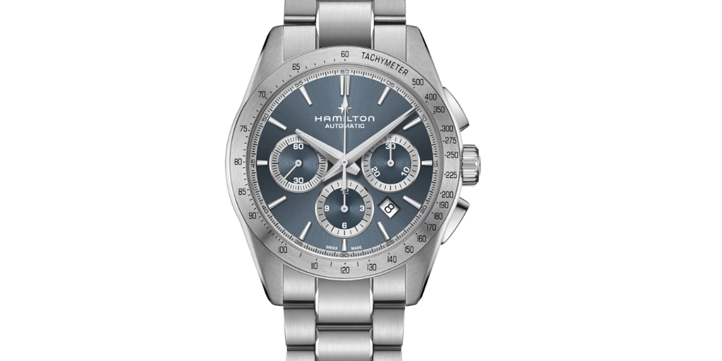 Silver Hamilton watch with a blue face on a white background