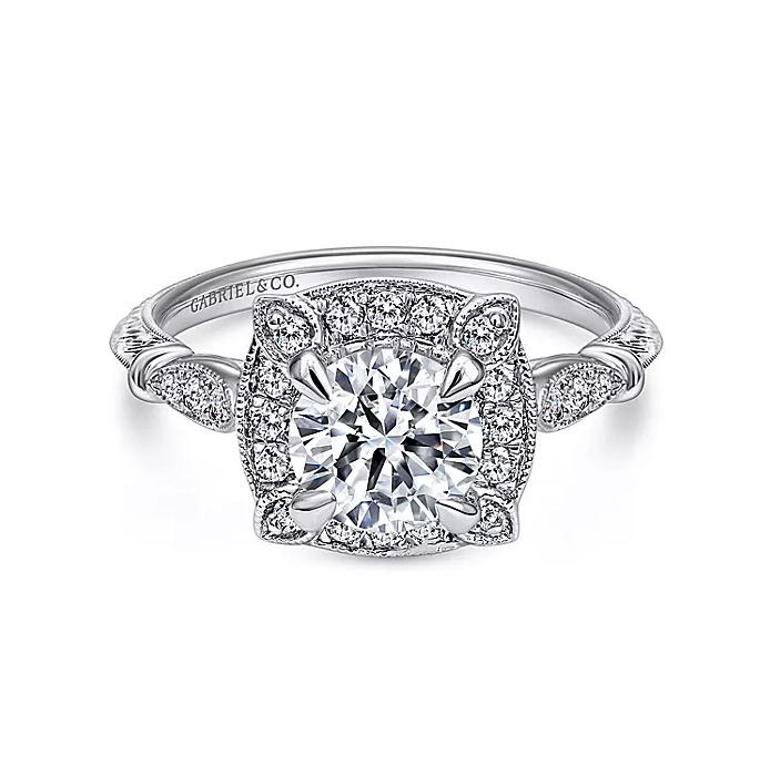 Helene - Vintage Inspired 14K White Gold Cushion Halo Round Diamond Engagement Ring