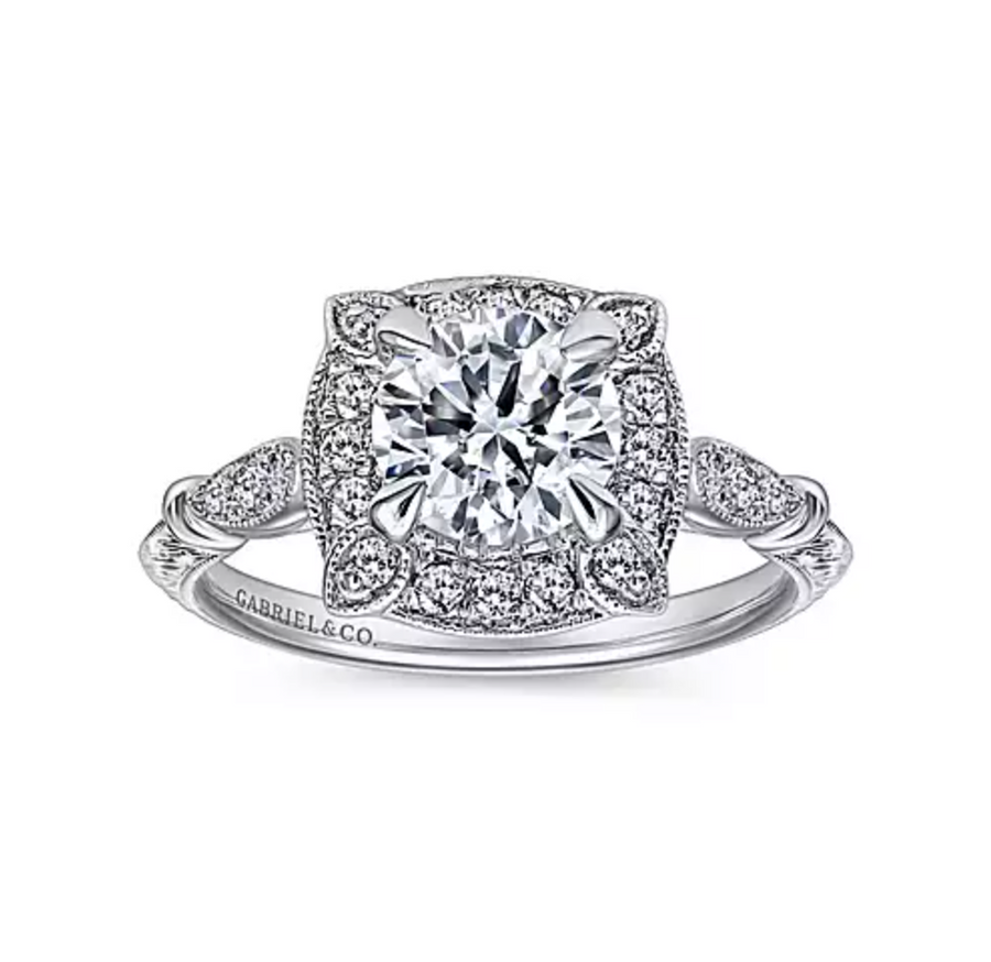 Helene - Vintage Inspired 14K White Gold Cushion Halo Round Diamond Engagement Ring