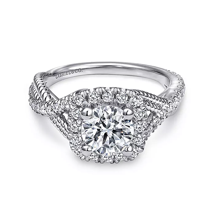 Avalon - 14K White Gold Cushion Halo Round Diamond Engagement Ring