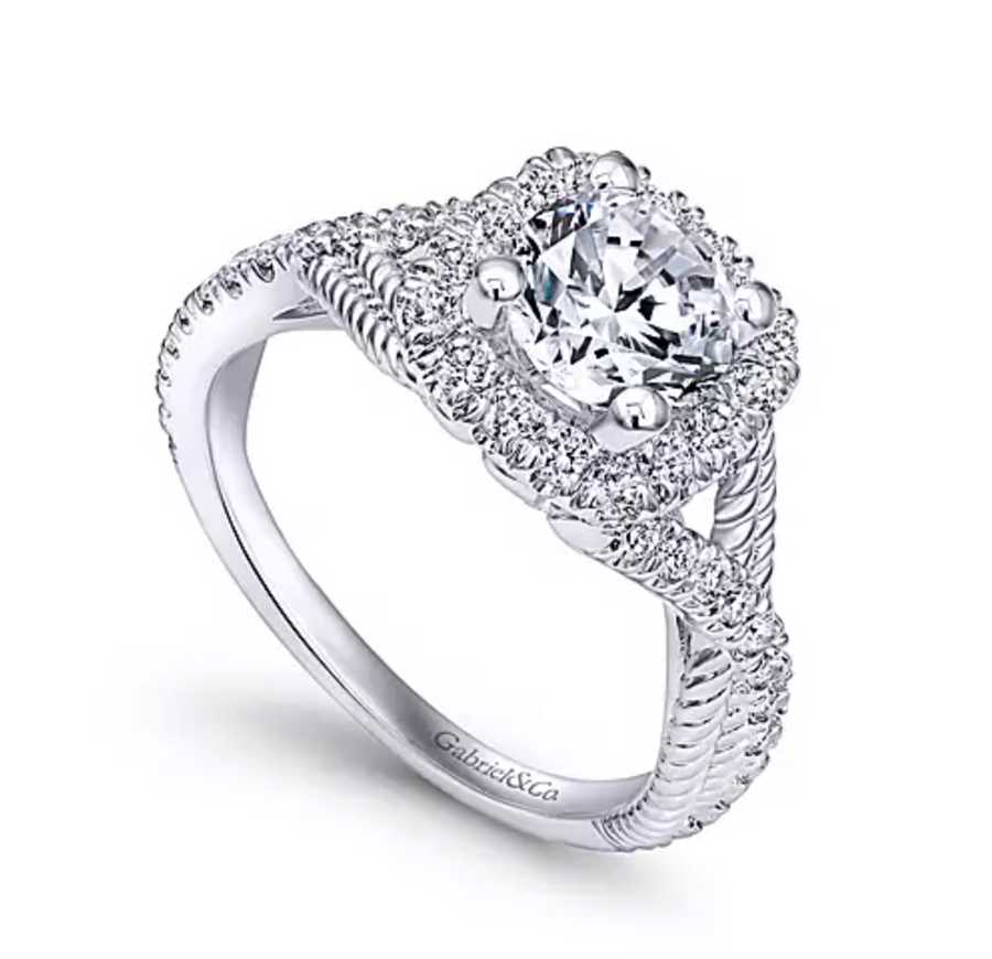 Avalon - 14K White Gold Cushion Halo Round Diamond Engagement Ring