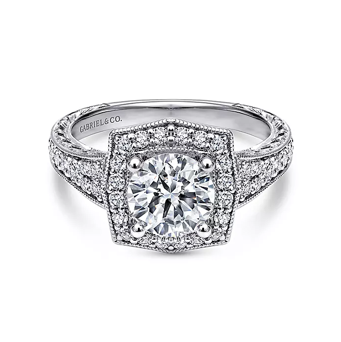 Theresa - Vintage Inspired 14K White Gold Round Halo Diamond Engagement Ring