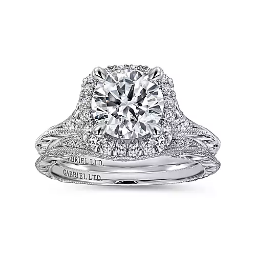 Cordula - Vintage Inspired 18K White Gold Round Halo Diamond Engagement Ring