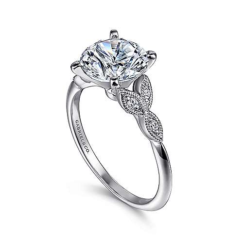 Vintage Inspired 14K White Gold Split Shank Round Diamond Engagement Ring
