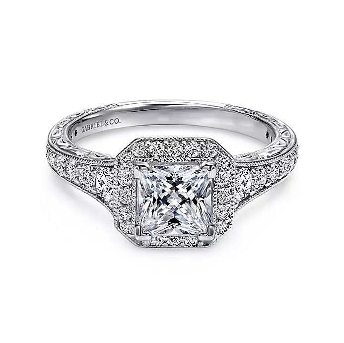 Estelle - Vintage Inspired 14K White Gold Princess Halo Diamond Engagement Ring