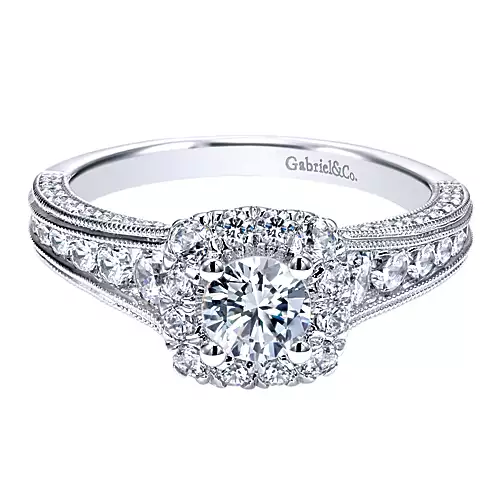 Loa - Vintage Inspired 14K White Gold Round Halo Diamond Engagement Ring