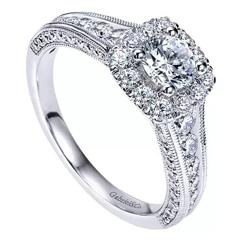 Loa - Vintage Inspired 14K White Gold Round Halo Diamond Engagement Ring