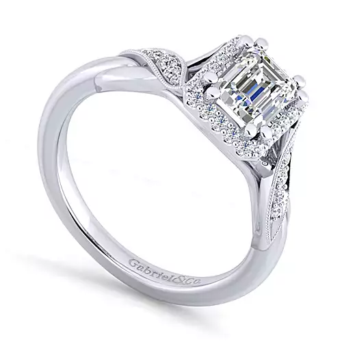Shae - Vintage Inspired 14K White Gold Halo Emerald Cut Diamond Engagement Ring