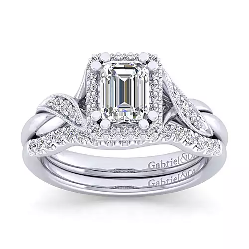 Shae - Vintage Inspired 14K White Gold Halo Emerald Cut Diamond Engagement Ring