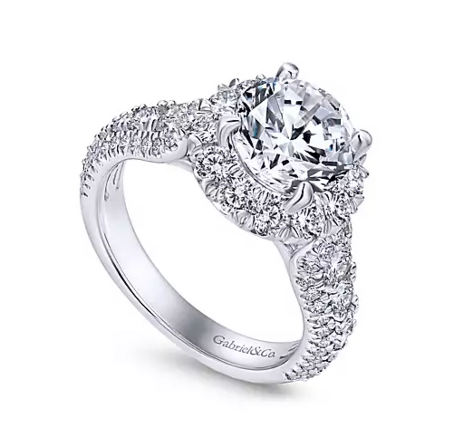 Perito - 14K White Gold Round Halo Diamond Engagement Ring