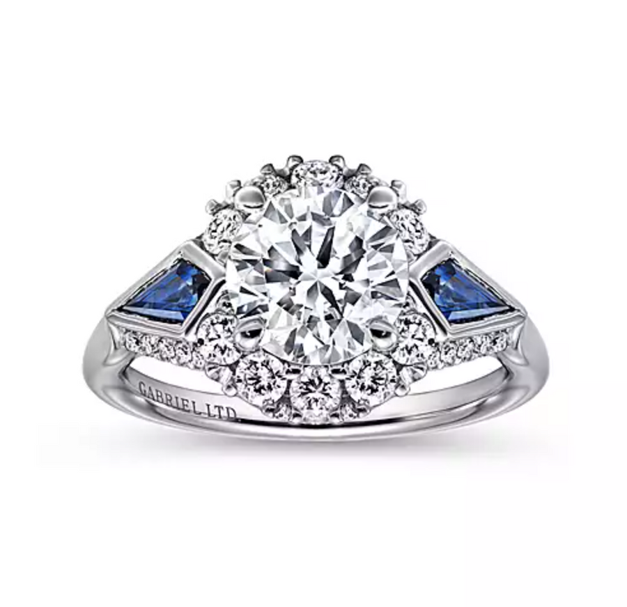Caspia - 18K White Gold Round Sapphire and Diamond Engagement Ring