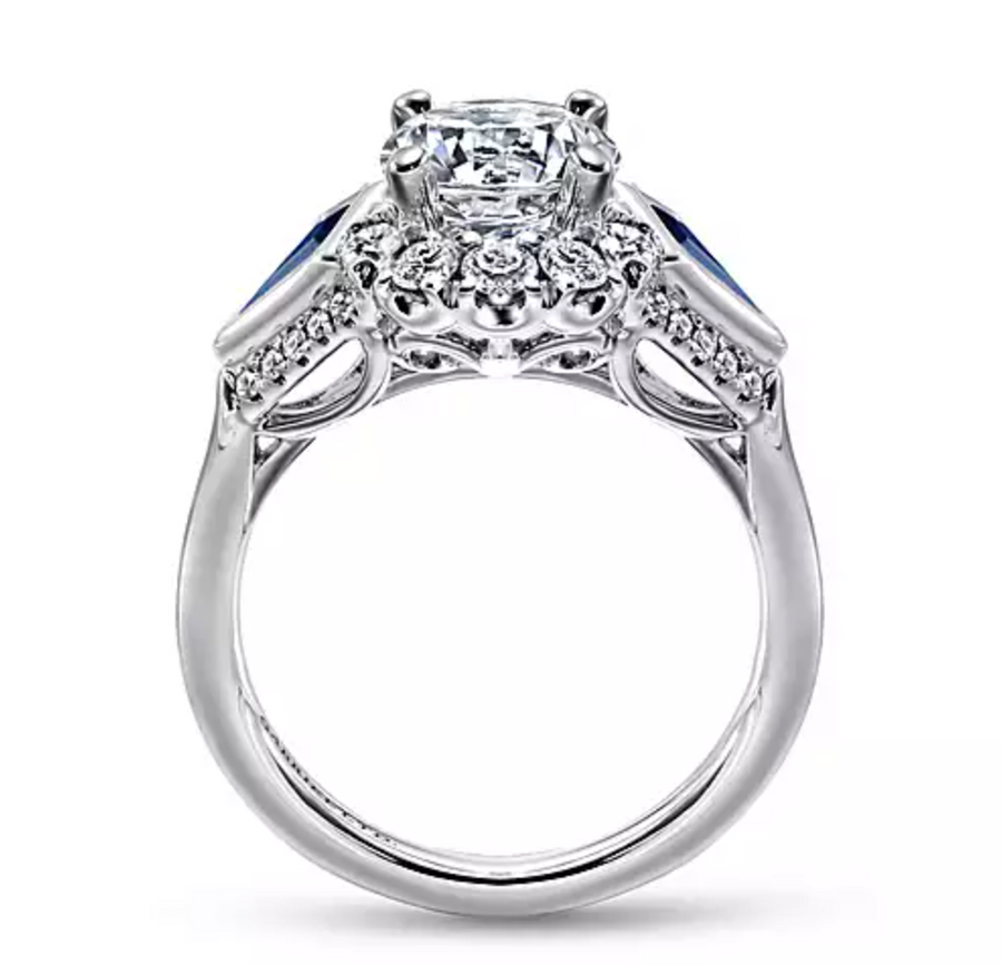 Caspia - 18K White Gold Round Sapphire and Diamond Engagement Ring