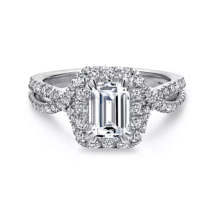 Monique - 14K White Gold Halo Emerald Cut Diamond Engagement Ring