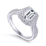 Monique - 14K White Gold Halo Emerald Cut Diamond Engagement Ring