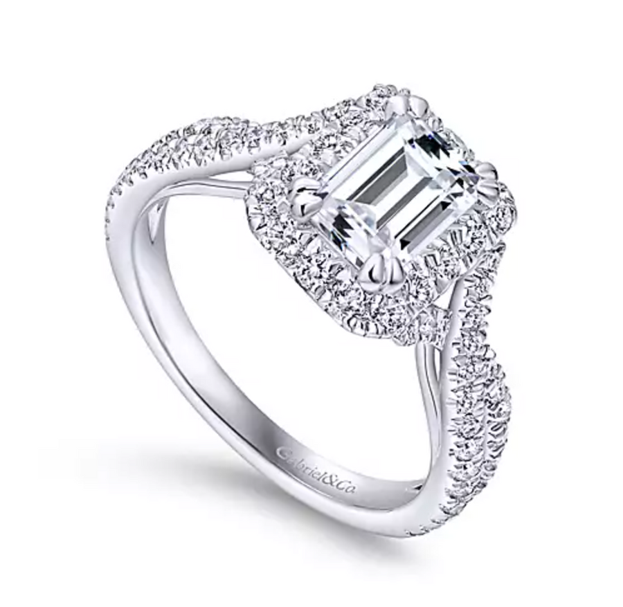 Monique - 14K White Gold Halo Emerald Cut Diamond Engagement Ring