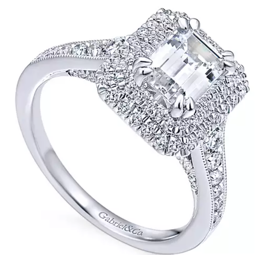 Jasmine - 14K White Gold Double Halo Emerald Cut Diamond Engagement Ring