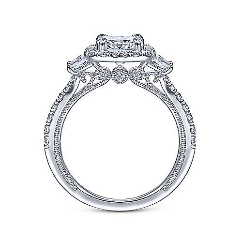 Farah - Vintage Inspired 14K White Gold Cushion Three Stone Halo Diamond Engagement Ring