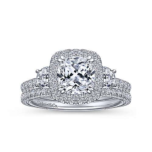 Farah - Vintage Inspired 14K White Gold Cushion Three Stone Halo Diamond Engagement Ring