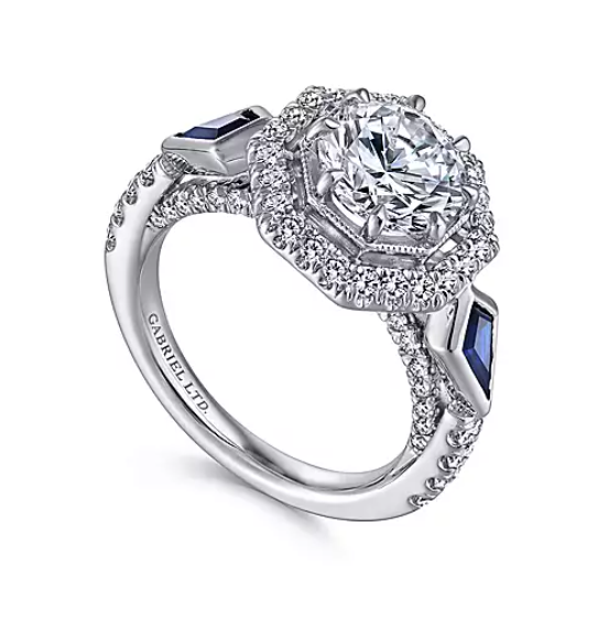 Mildred - Art Deco 18K White Gold Octagonal Three Stone Halo Round Sapphire and Diamond Engagement Ring