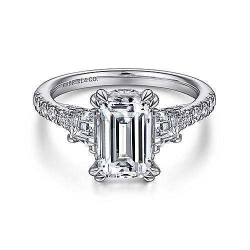 Fiora - 14K White Gold Emerald Cut Three Stone Diamond Engagement Ring