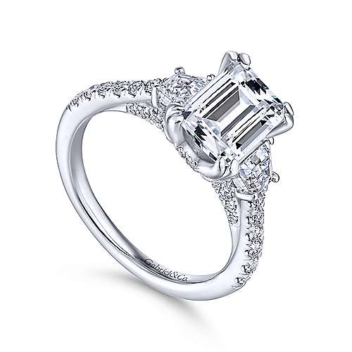 Fiora - 14K White Gold Emerald Cut Three Stone Diamond Engagement Ring